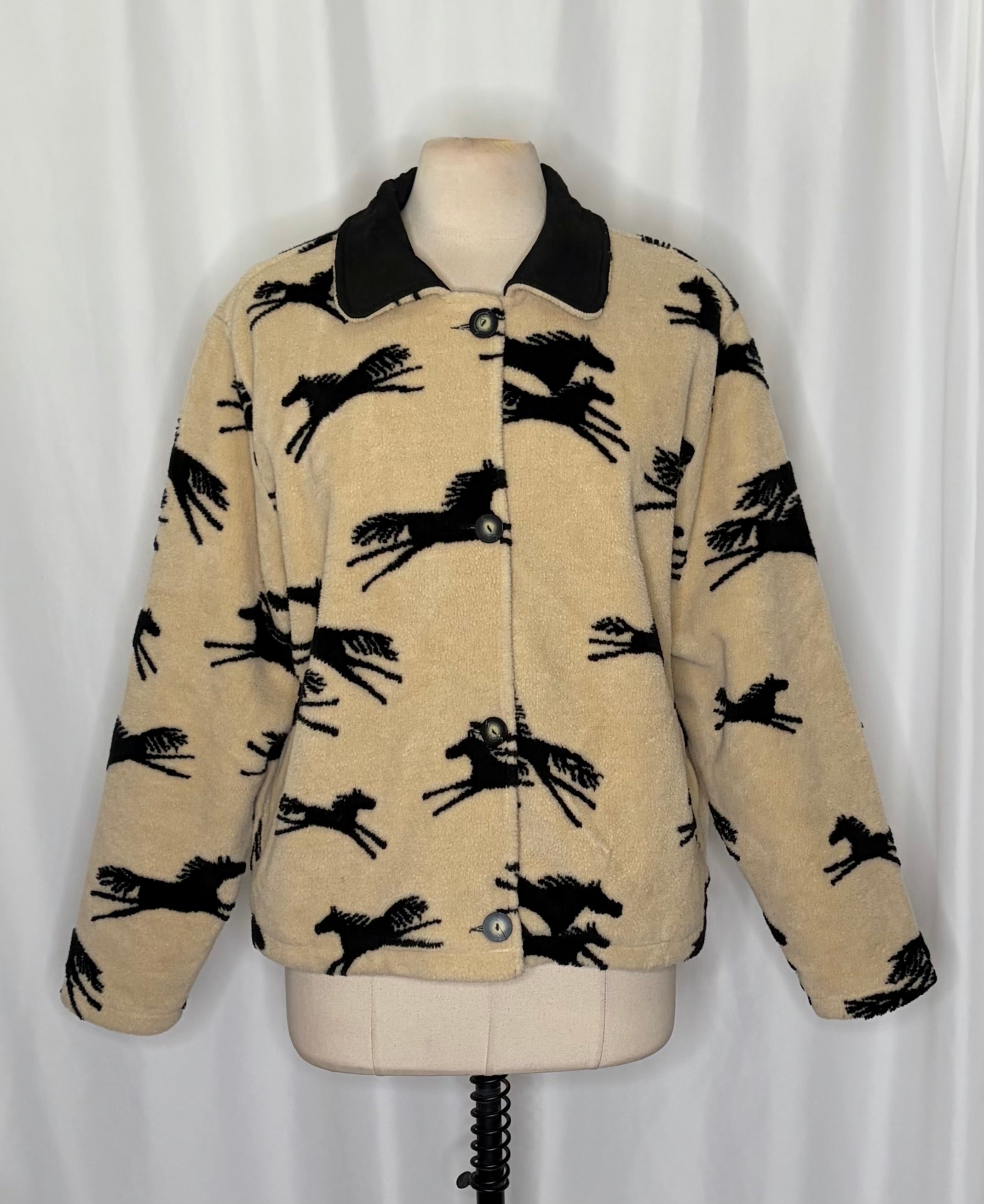 TSUNAMI Equestrian Horse Print Fleece Jacket Faux Suede Trim Buttons Large