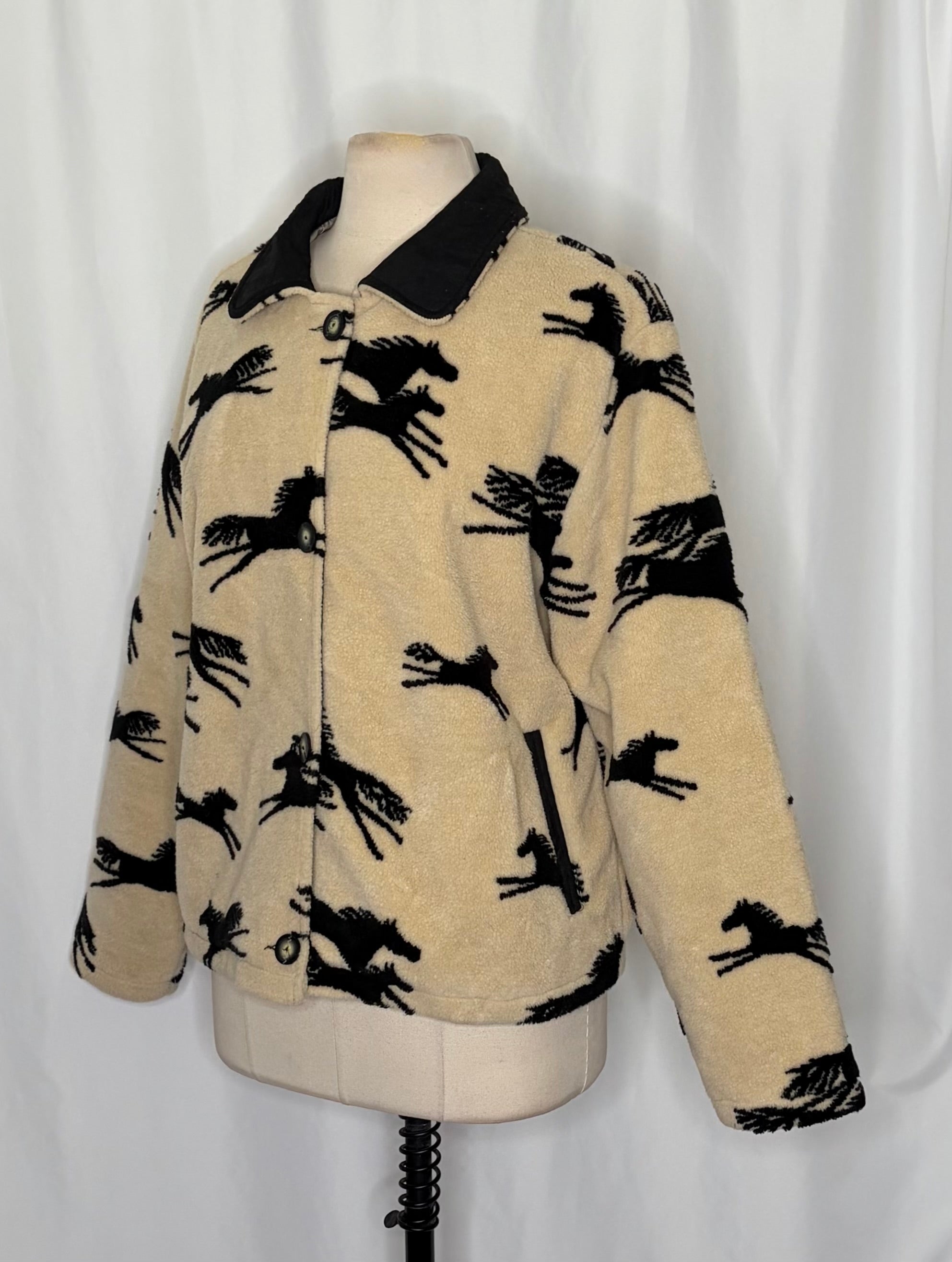 TSUNAMI Equestrian Horse Print Fleece Jacket Faux Suede Trim Buttons Large
