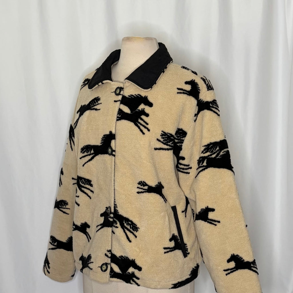 TSUNAMI Equestrian Horse Print Fleece Jacket Faux Suede Trim Buttons Large