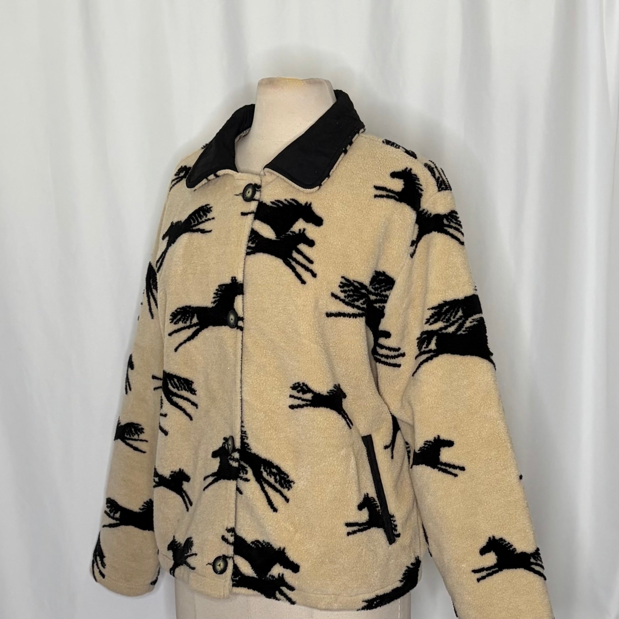 TSUNAMI Equestrian Horse Print Fleece Jacket Faux Suede Trim Buttons Large