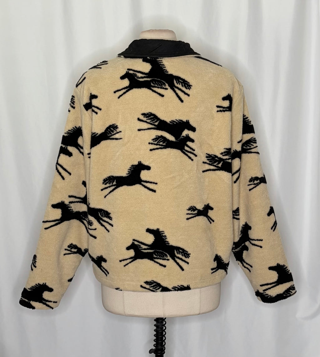 TSUNAMI Equestrian Horse Print Fleece Jacket Faux Suede Trim Buttons Large