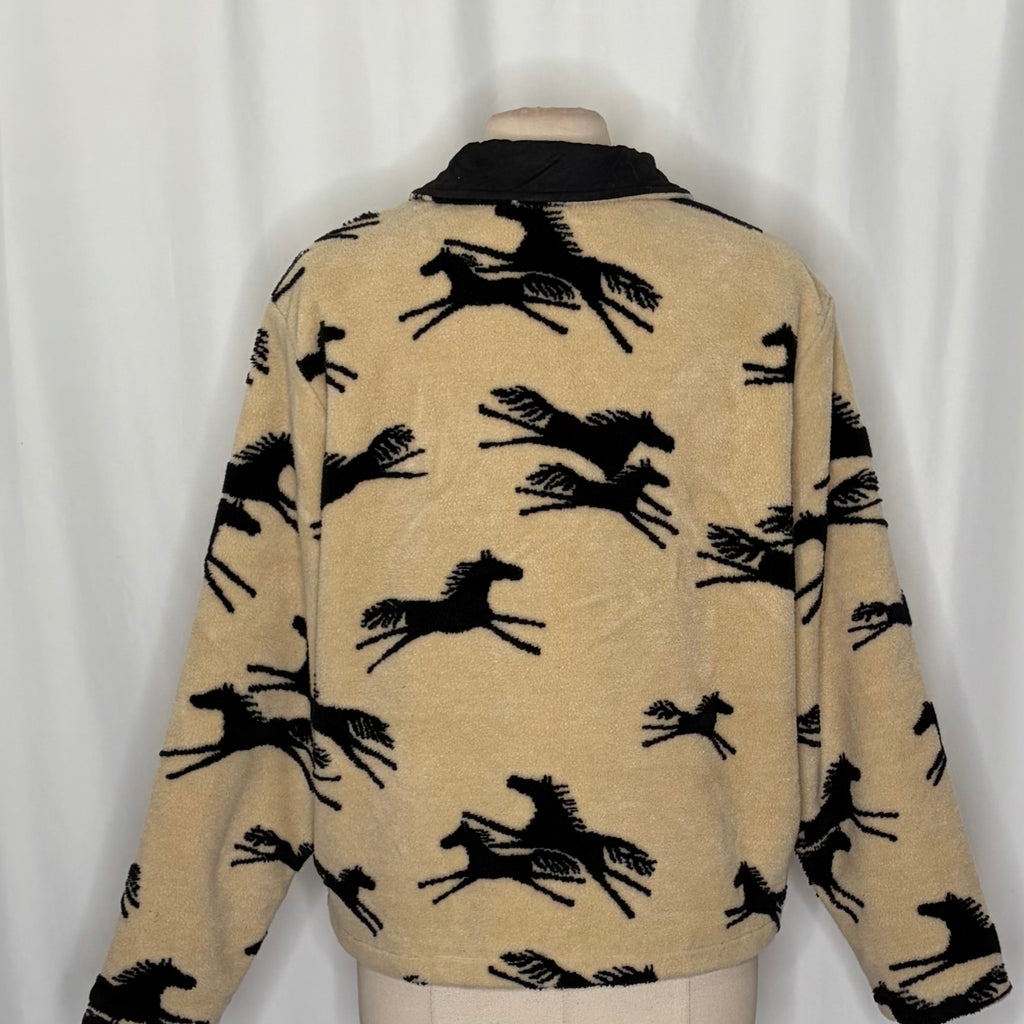 TSUNAMI Equestrian Horse Print Fleece Jacket Faux Suede Trim Buttons Large