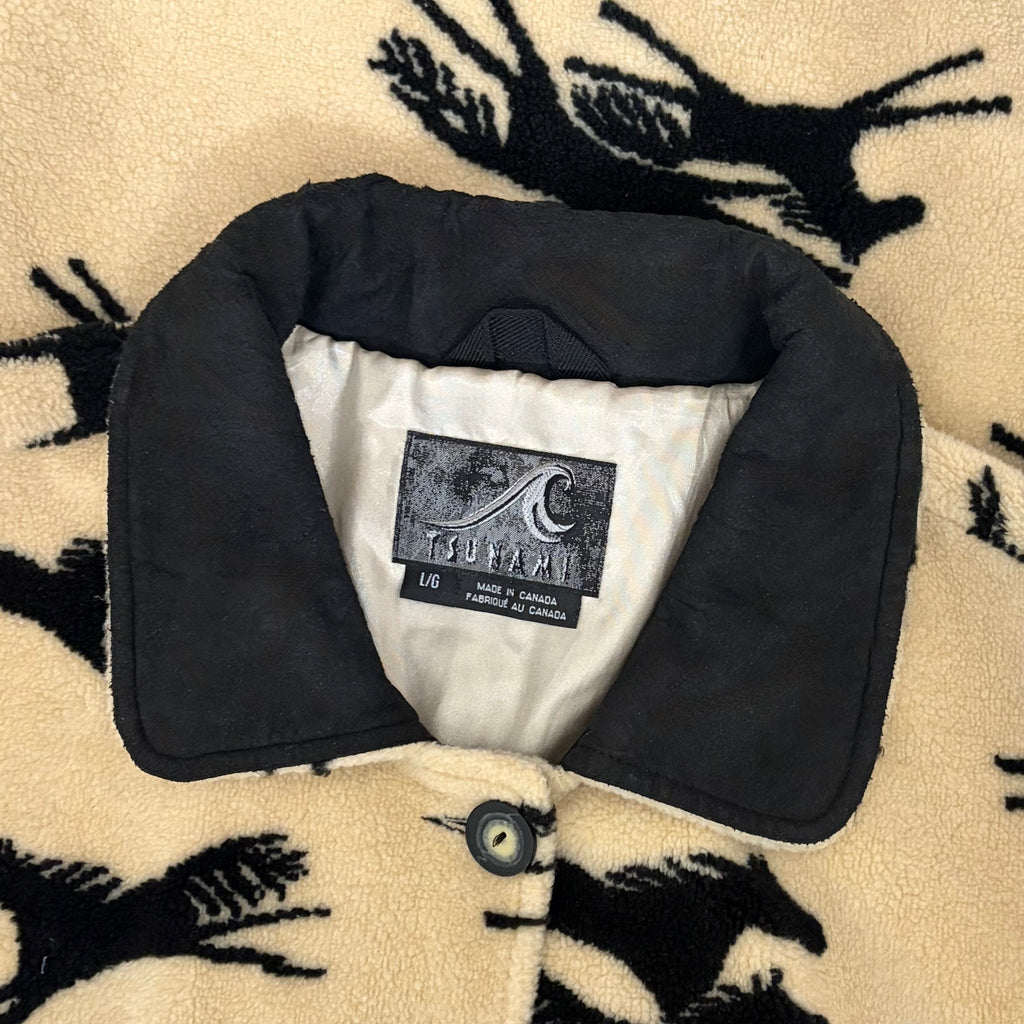 TSUNAMI Equestrian Horse Print Fleece Jacket Faux Suede Trim Buttons Large