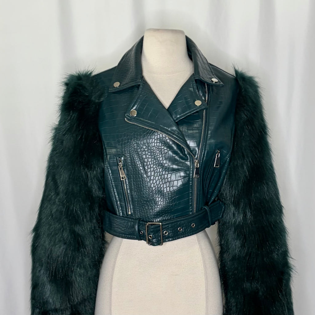 AZALEA WANG Nolla Faux Fur Arms Croc Moto Jacket Jade Green Vegan Leather Medium