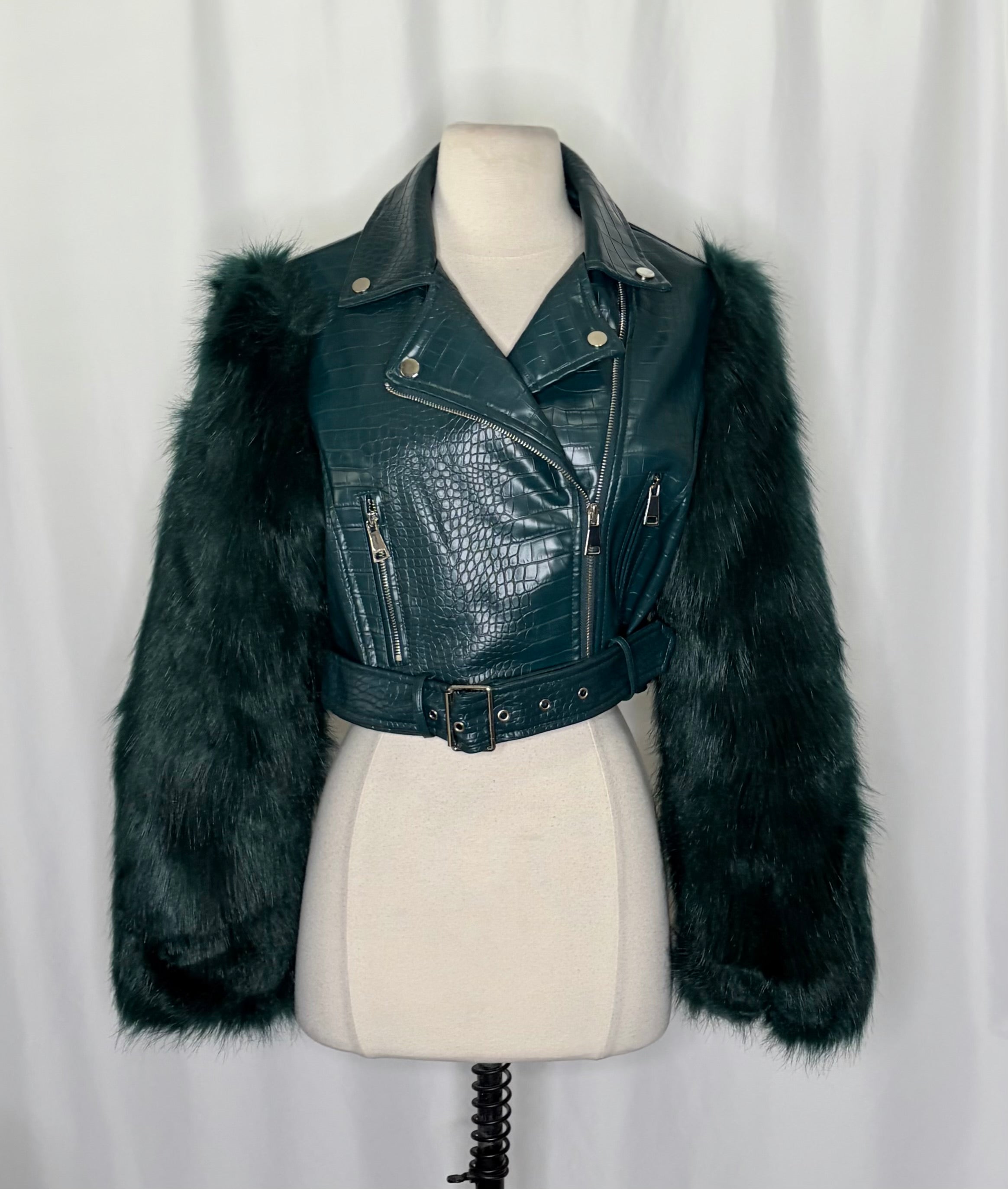 AZALEA WANG Nolla Faux Fur Arms Croc Moto Jacket Jade Green Vegan Leather Medium