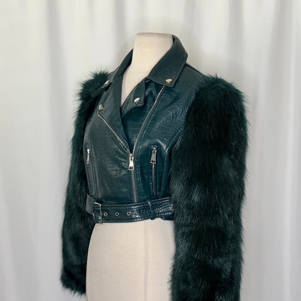 AZALEA WANG Nolla Faux Fur Arms Croc Moto Jacket Jade Green Vegan Leather Medium