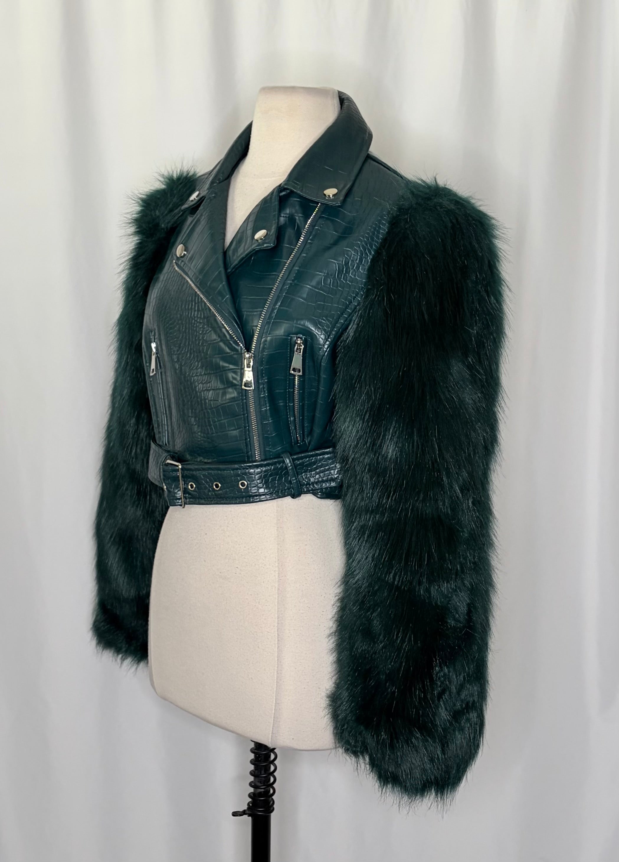 AZALEA WANG Nolla Faux Fur Arms Croc Moto Jacket Jade Green Vegan Leather Medium