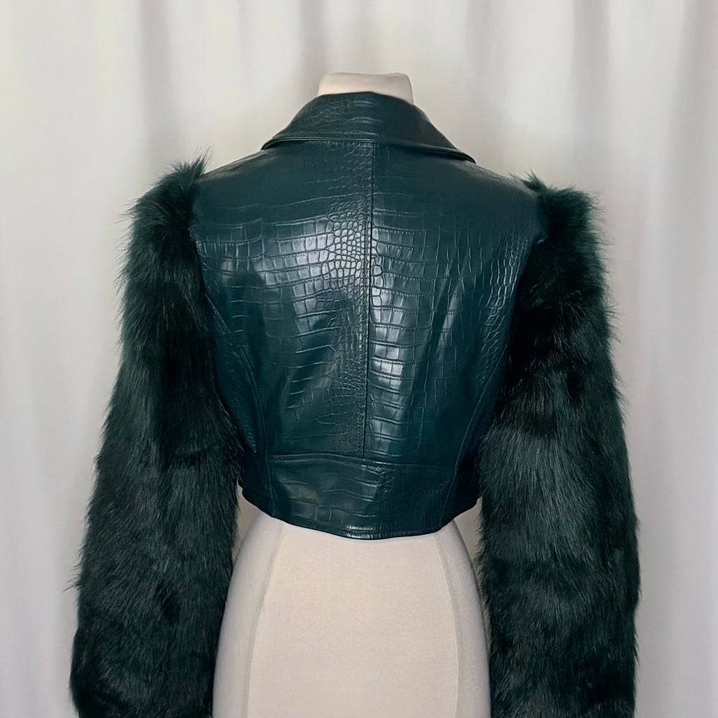 AZALEA WANG Nolla Faux Fur Arms Croc Moto Jacket Jade Green Vegan Leather Medium