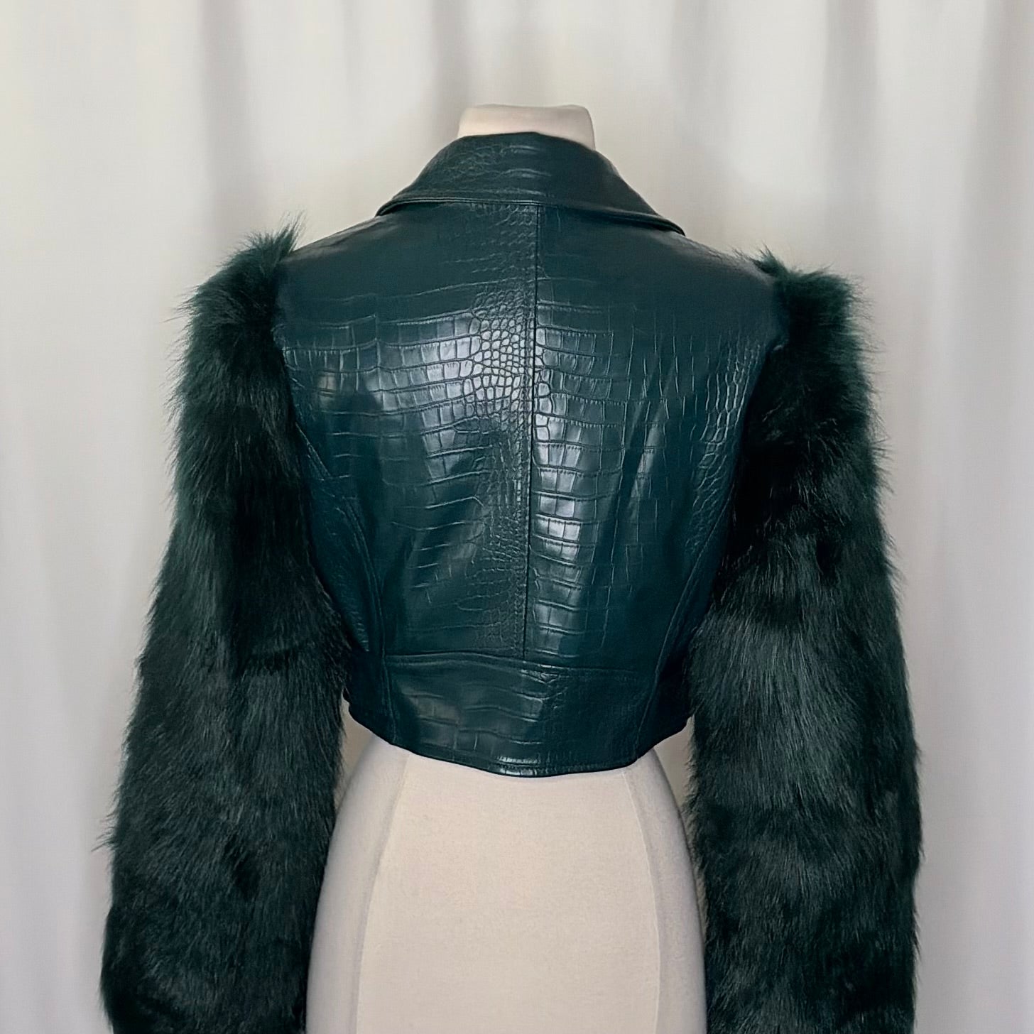 AZALEA WANG Nolla Faux Fur Arms Croc Moto Jacket Jade Green Vegan Leather Medium
