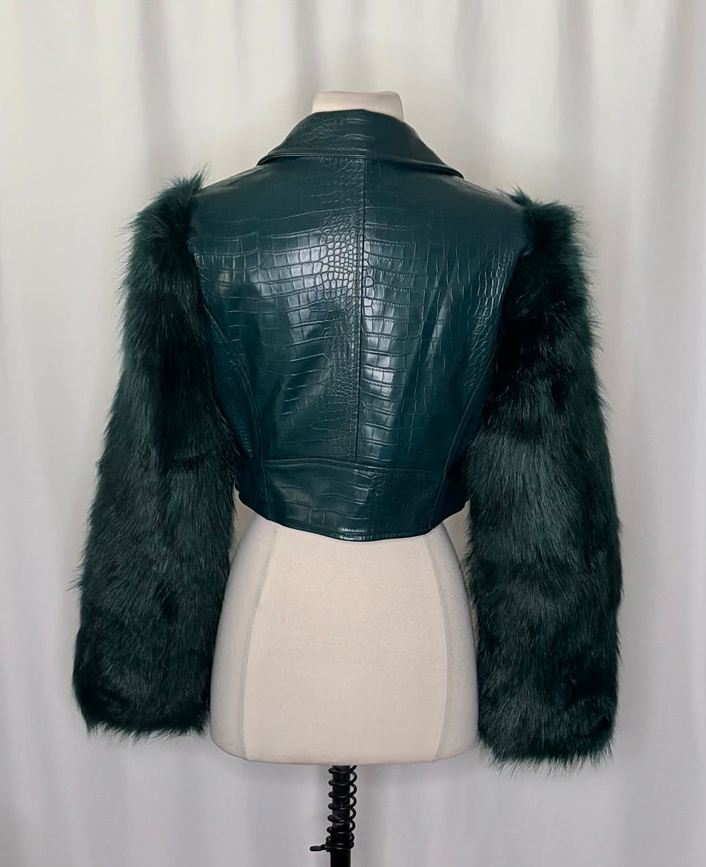 AZALEA WANG Nolla Faux Fur Arms Croc Moto Jacket Jade Green Vegan Leather Medium