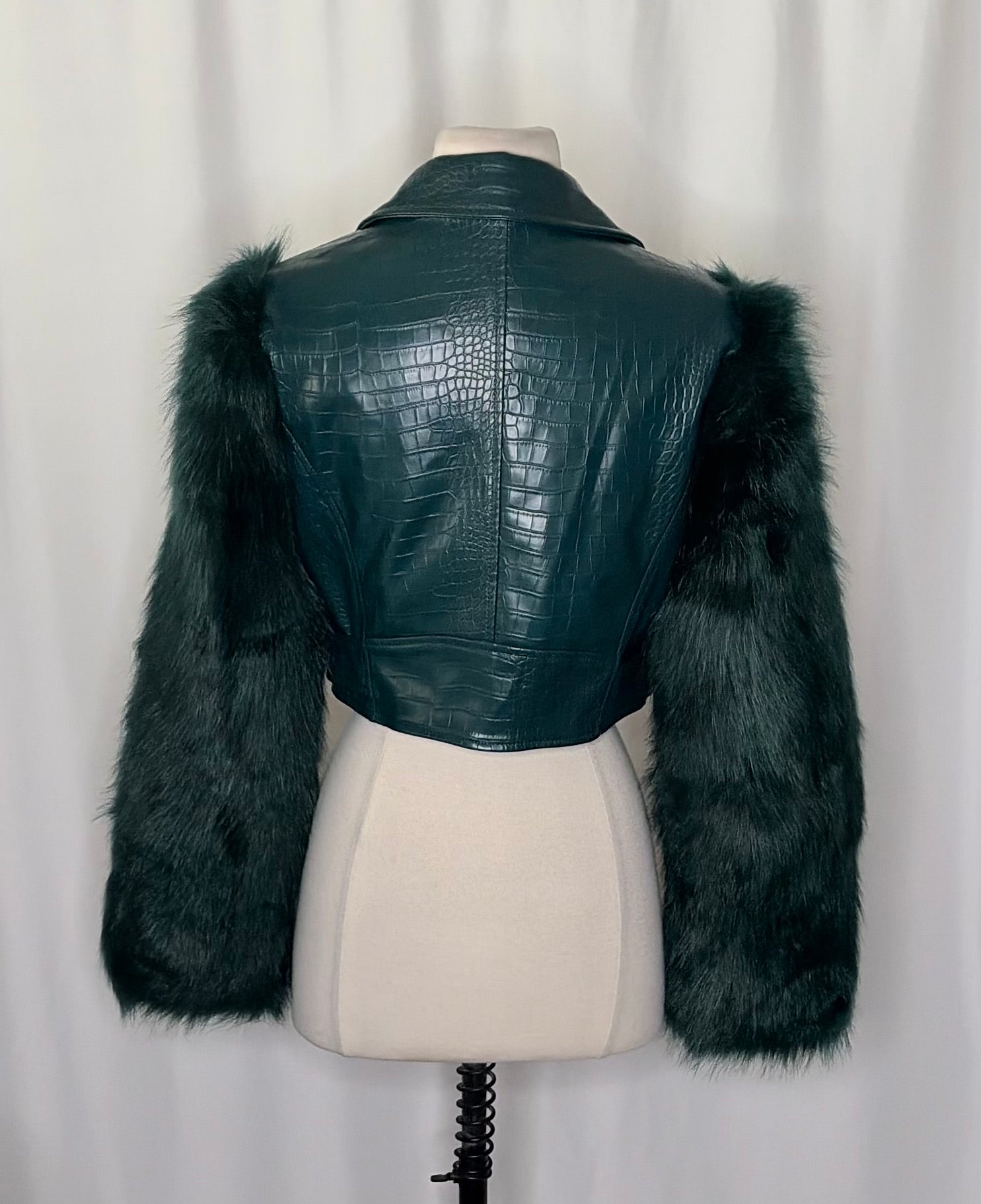 AZALEA WANG Nolla Faux Fur Arms Croc Moto Jacket Jade Green Vegan Leather Medium