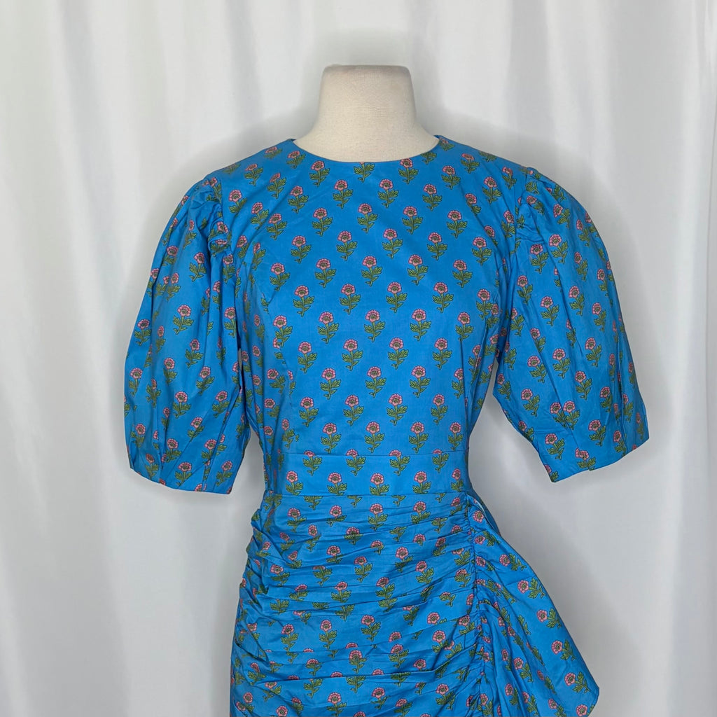 AUREUM Ruched Sash Blue Floral Mini Dress Puff Sleeves Ruching Ruffle Small