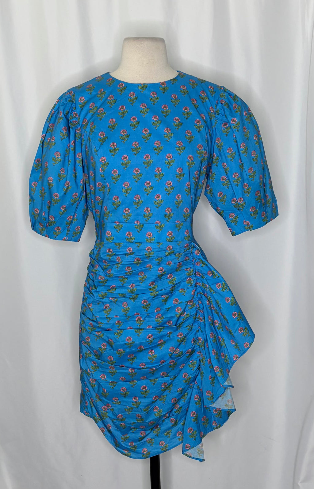 AUREUM Ruched Sash Blue Floral Mini Dress Puff Sleeves Ruching Ruffle Small