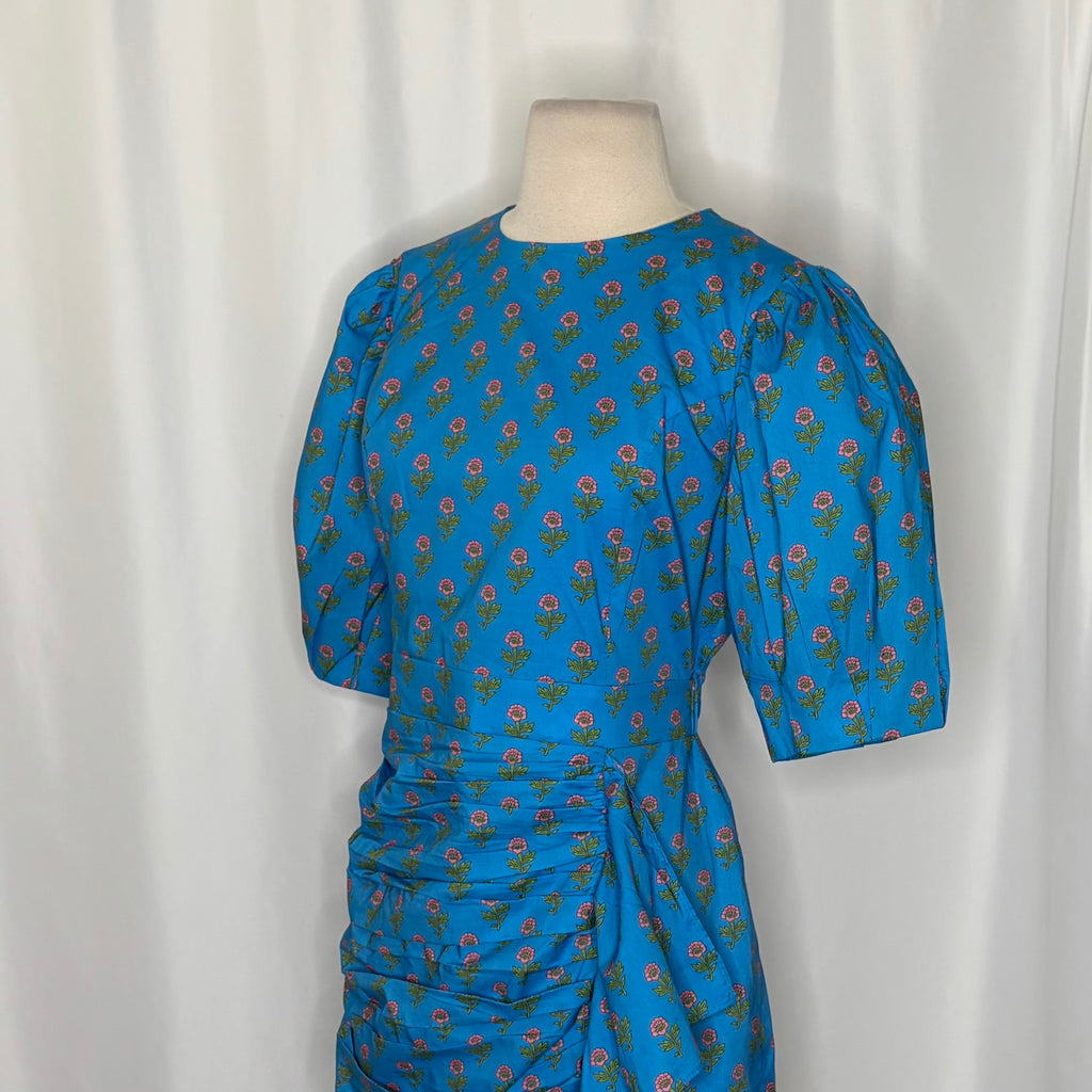 AUREUM Ruched Sash Blue Floral Mini Dress Puff Sleeves Ruching Ruffle Small