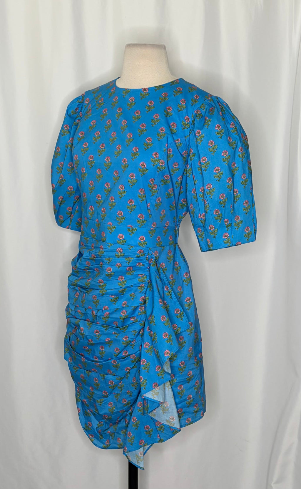 AUREUM Ruched Sash Blue Floral Mini Dress Puff Sleeves Ruching Ruffle Small