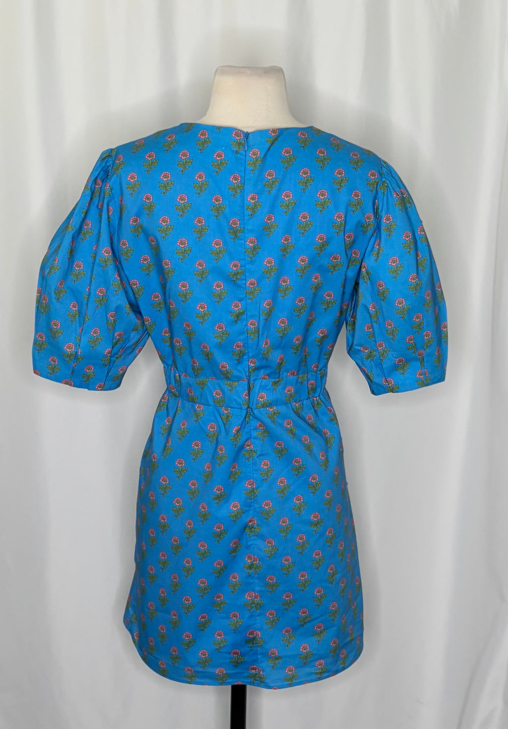 AUREUM Ruched Sash Blue Floral Mini Dress Puff Sleeves Ruching Ruffle Small