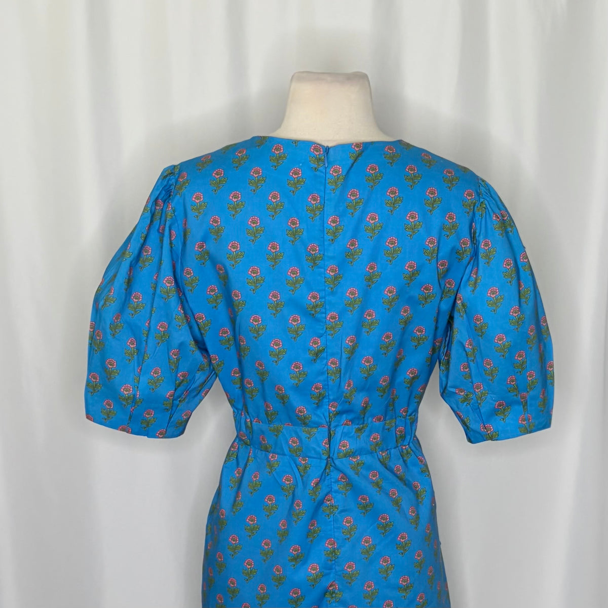 AUREUM Ruched Sash Blue Floral Mini Dress Puff Sleeves Ruching Ruffle Small