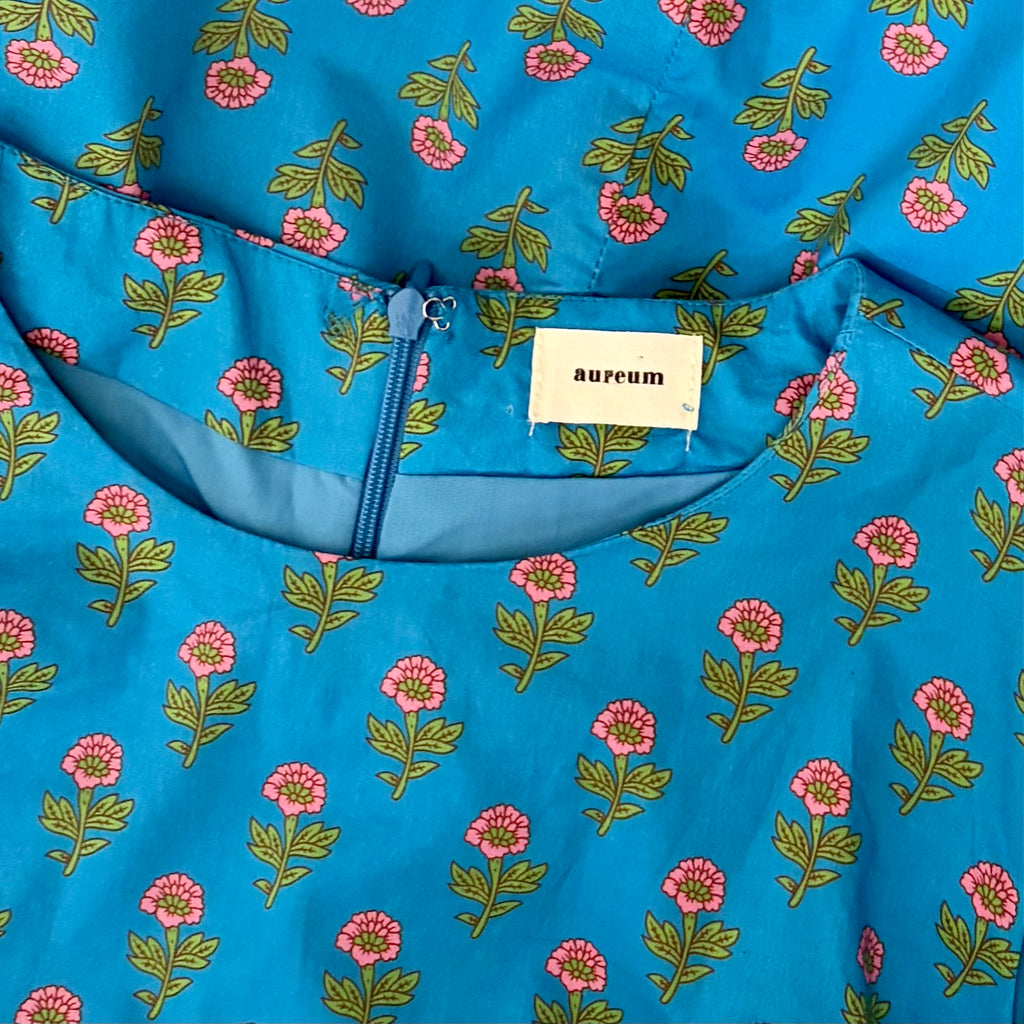AUREUM Ruched Sash Blue Floral Mini Dress Puff Sleeves Ruching Ruffle Small