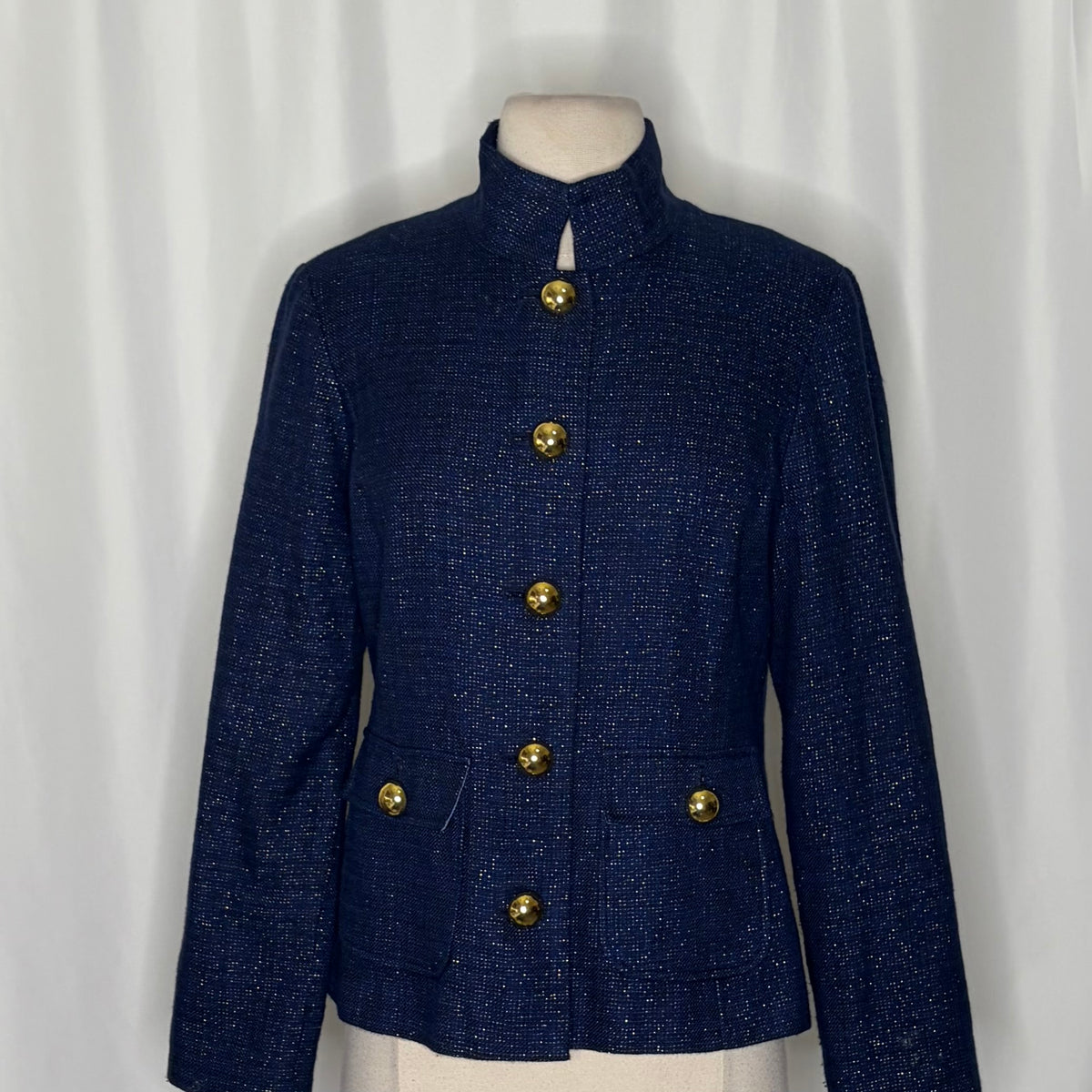 STS SAIL TO SABLE Navy Tweed Stand Collar Jacket Blazer Buttons Pockets Small
