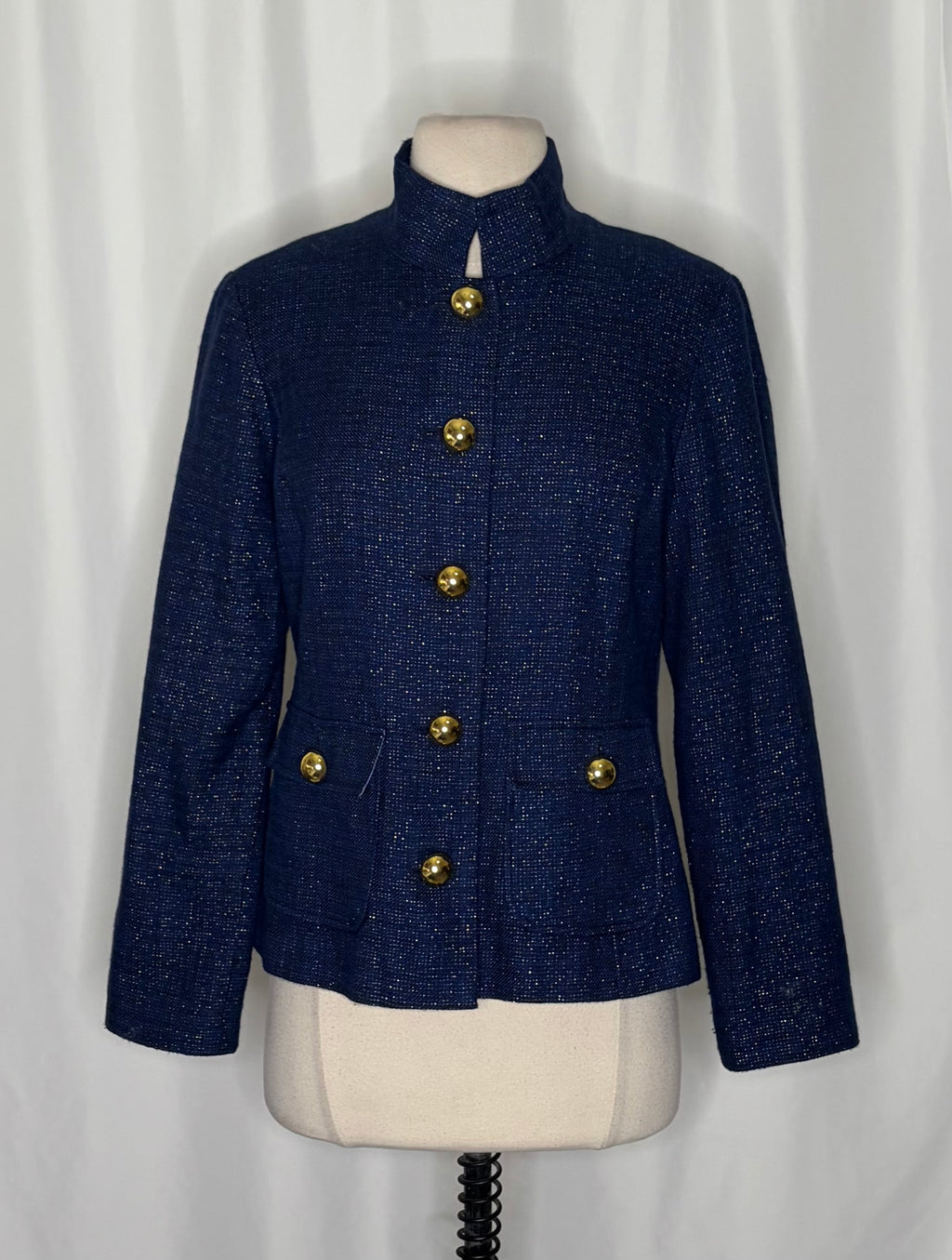 STS SAIL TO SABLE Navy Tweed Stand Collar Jacket Blazer Buttons Pockets Small