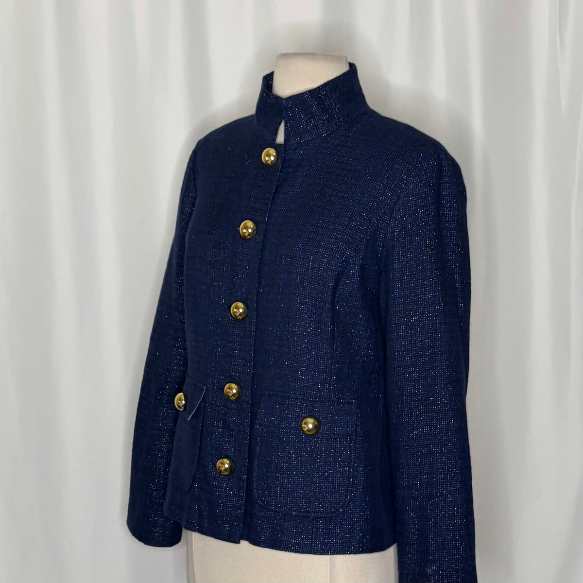 STS SAIL TO SABLE Navy Tweed Stand Collar Jacket Blazer Buttons Pockets Small
