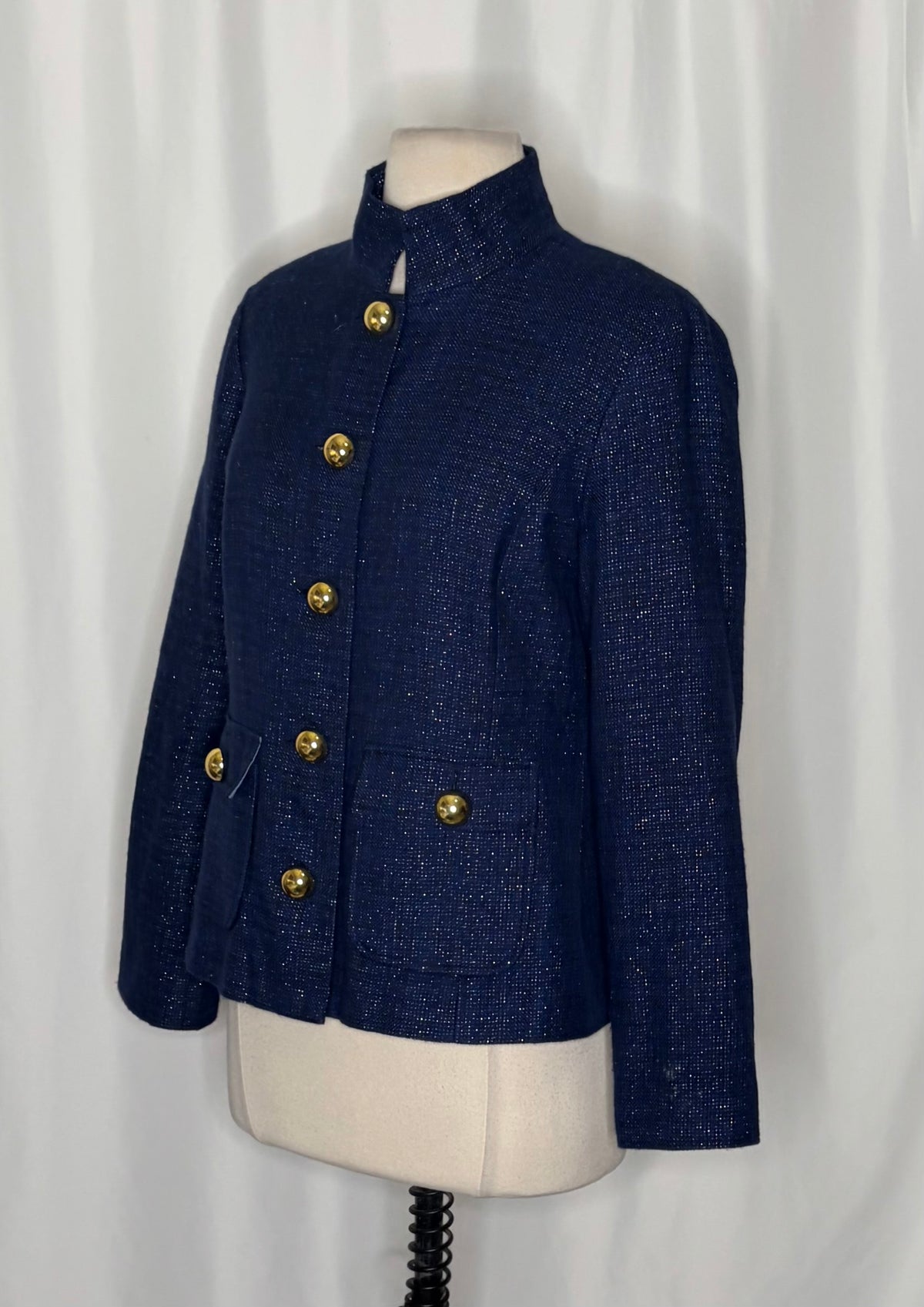 STS SAIL TO SABLE Navy Tweed Stand Collar Jacket Blazer Buttons Pockets Small