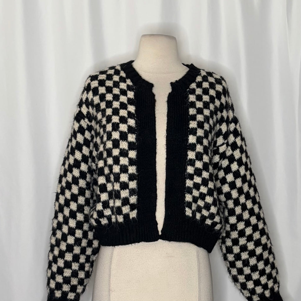ZARA Cropped Checkerboard Cardigan Sweater Black Off White Knitwear Retro Small
