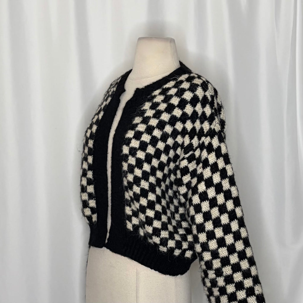 ZARA Cropped Checkerboard Cardigan Sweater Black Off White Knitwear Retro Small