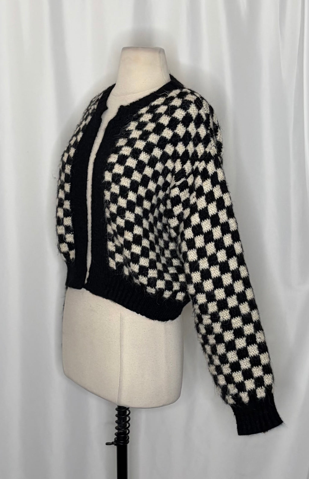 ZARA Cropped Checkerboard Cardigan Sweater Black Off White Knitwear Retro Small