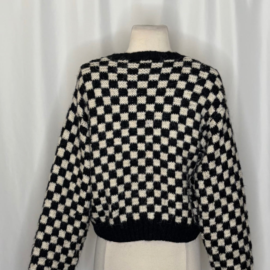 ZARA Cropped Checkerboard Cardigan Sweater Black Off White Knitwear Retro Small