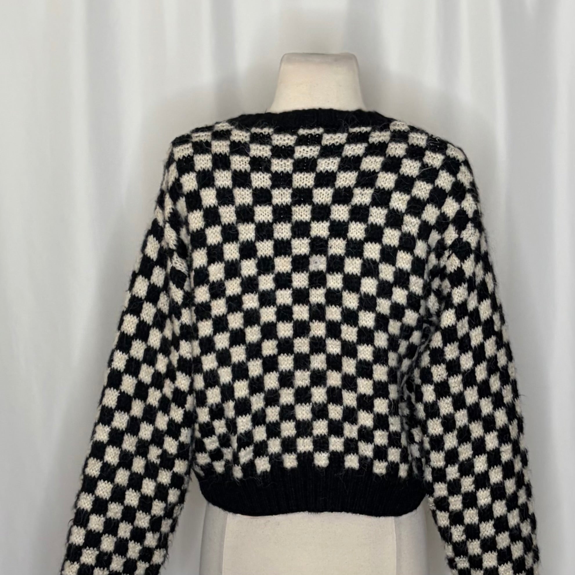 ZARA Cropped Checkerboard Cardigan Sweater Black Off White Knitwear Retro Small