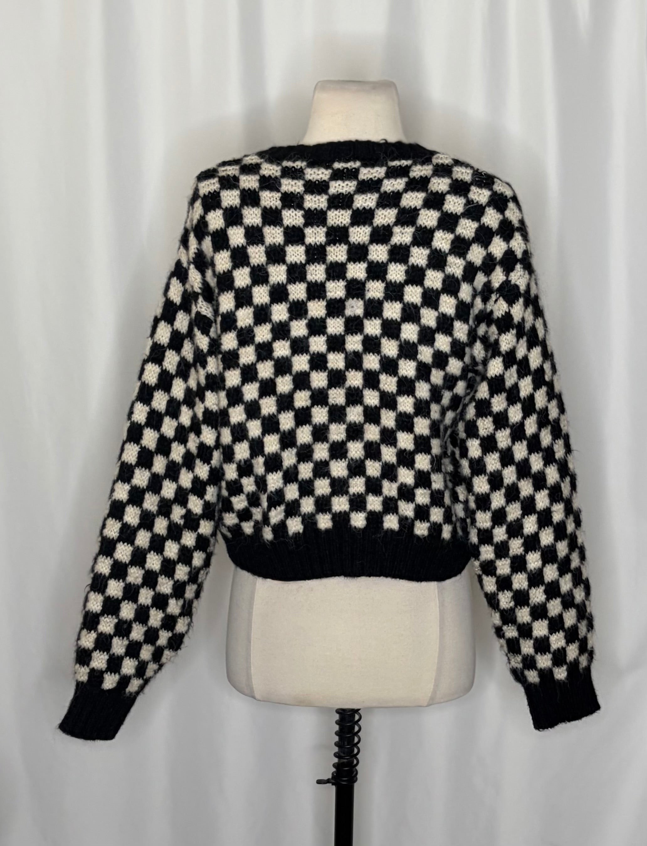 ZARA Cropped Checkerboard Cardigan Sweater Black Off White Knitwear Retro Small