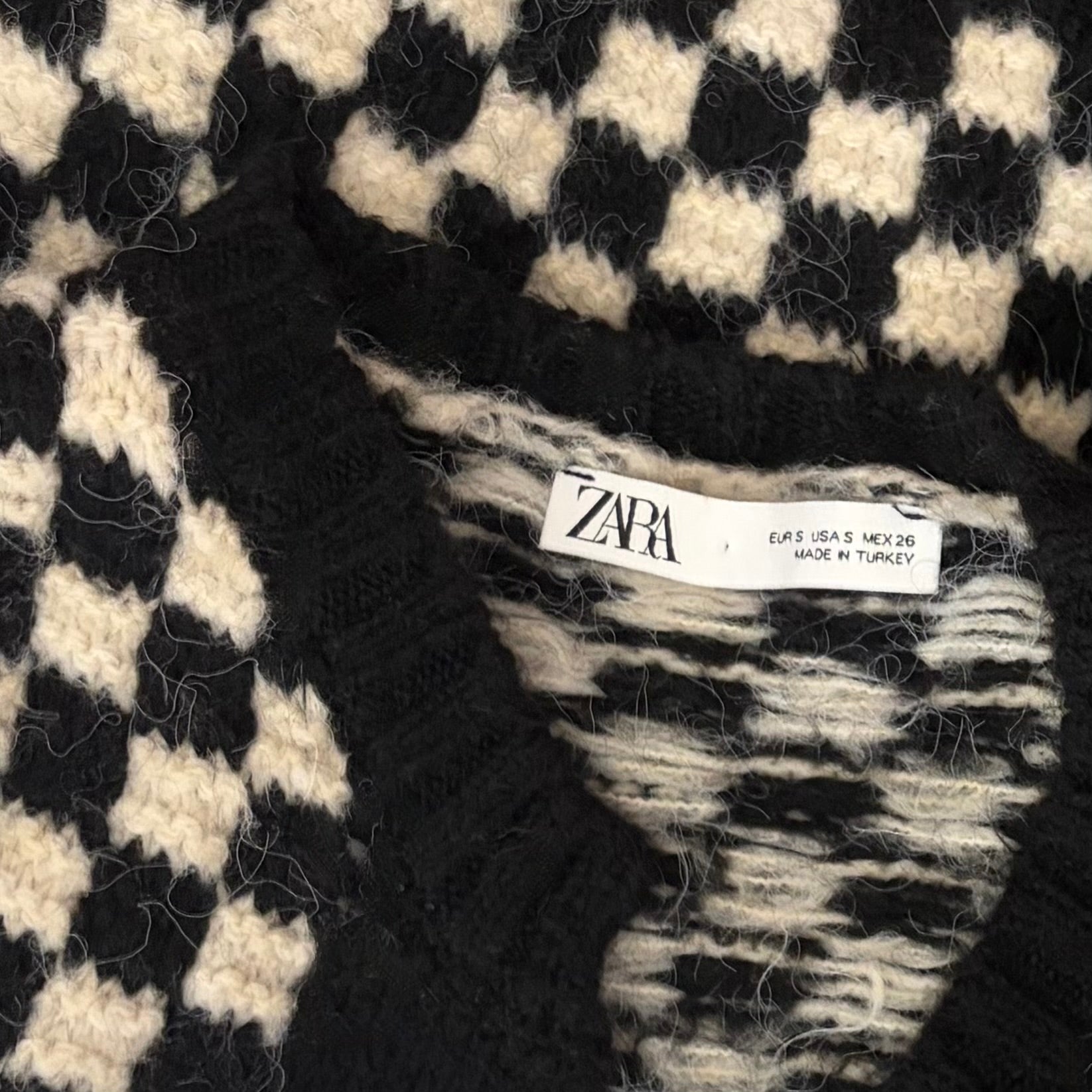 ZARA Cropped Checkerboard Cardigan Sweater Black Off White Knitwear Retro Small