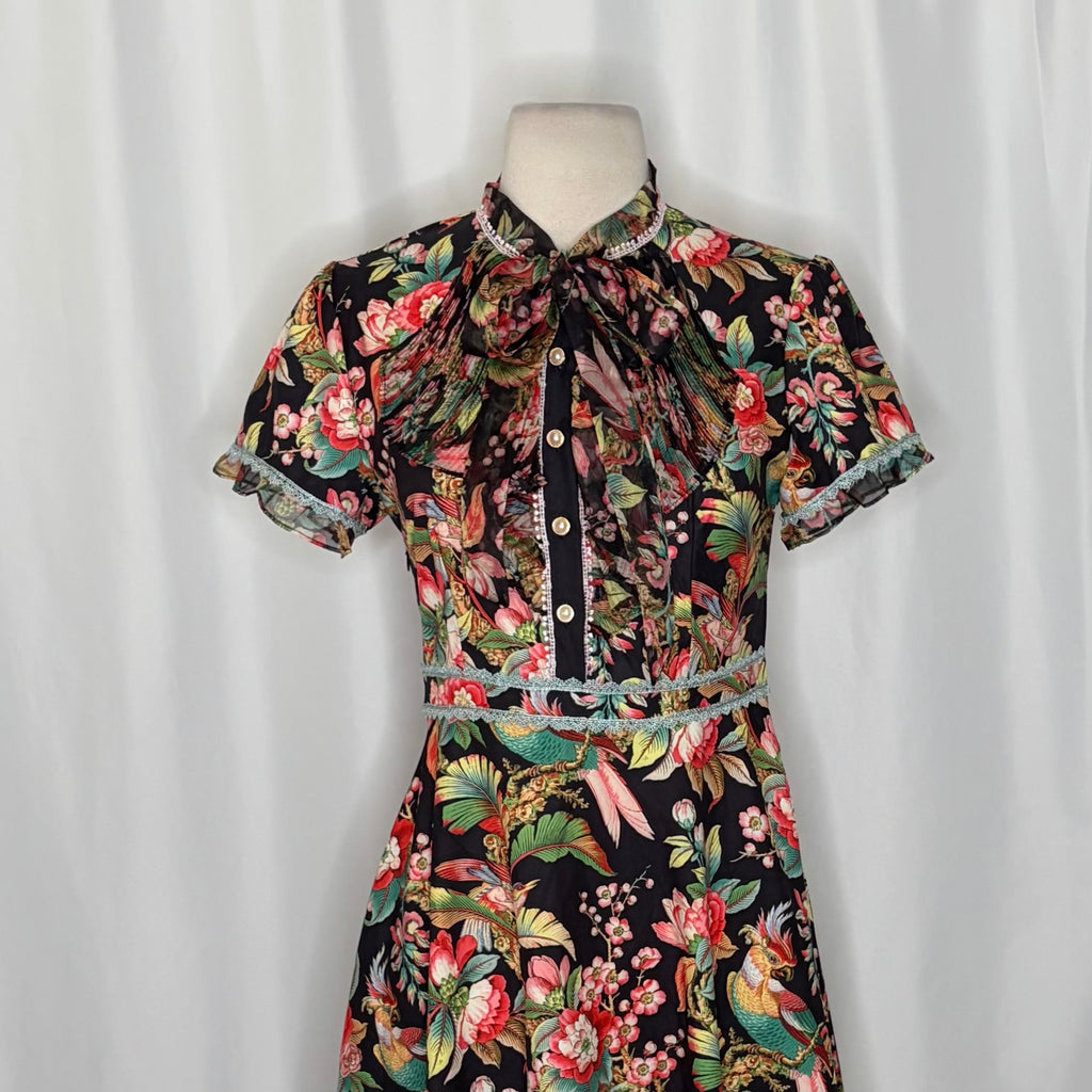 DALIA MACPHEE Floral Lace Trim Mini Dress Tie Neck Tropical Floral Size Small