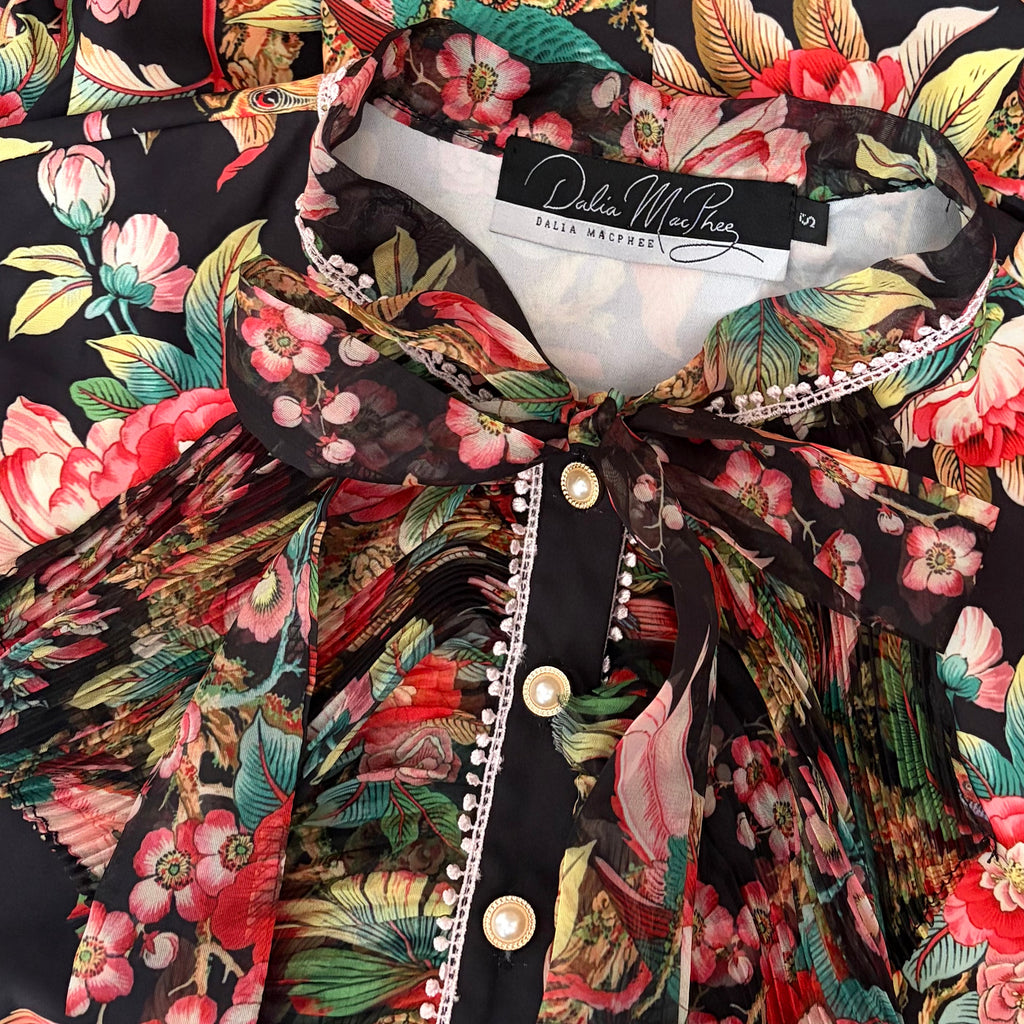 DALIA MACPHEE Floral Lace Trim Mini Dress Tie Neck Tropical Floral Size Small