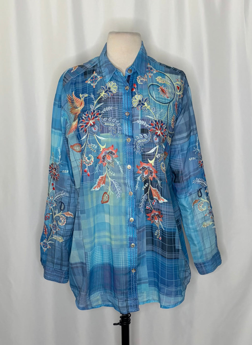 JOHNNY WAS Workshop Embroidered Floral Bird Plaid Button Down Shirt Top Small