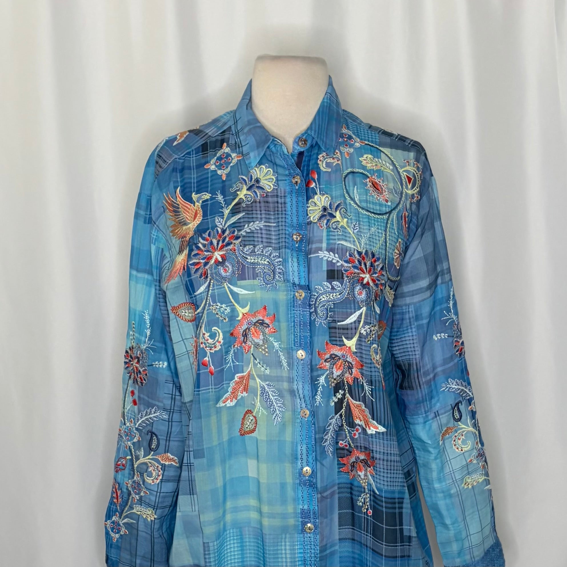 JOHNNY WAS Workshop Embroidered Floral Bird Plaid Button Down Shirt Top Small