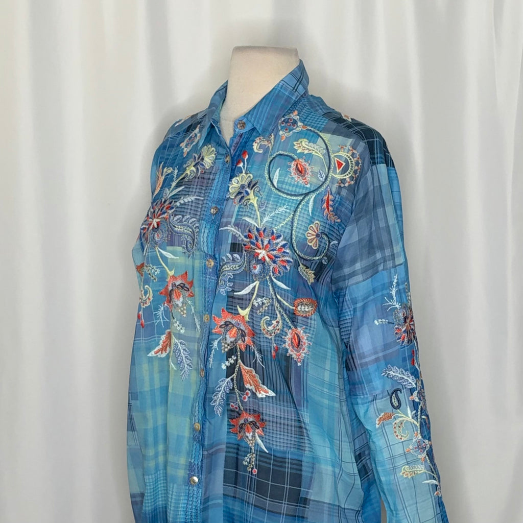 JOHNNY WAS Workshop Embroidered Floral Bird Plaid Button Down Shirt Top Small