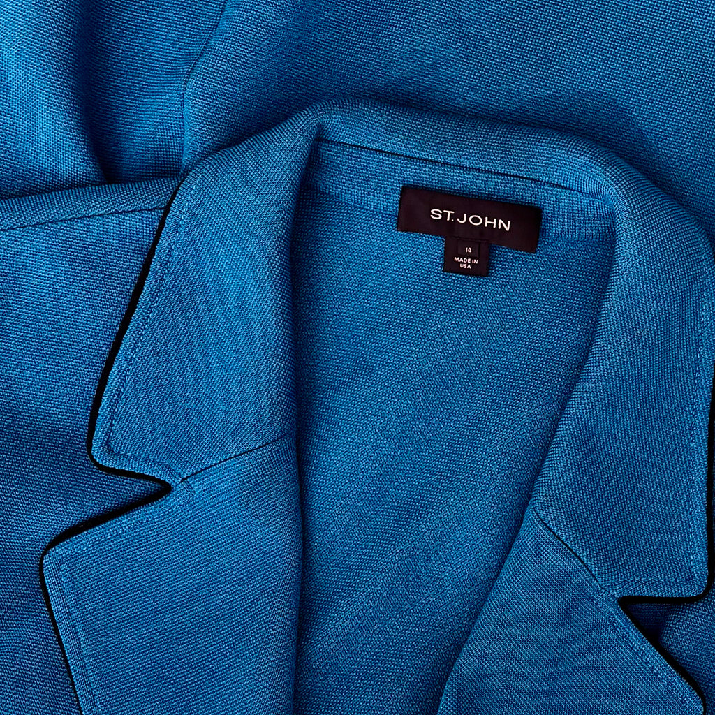ST. JOHN Knit Blazer Jacket Blue Double Breasted Knit Knitwear Solid Size 14