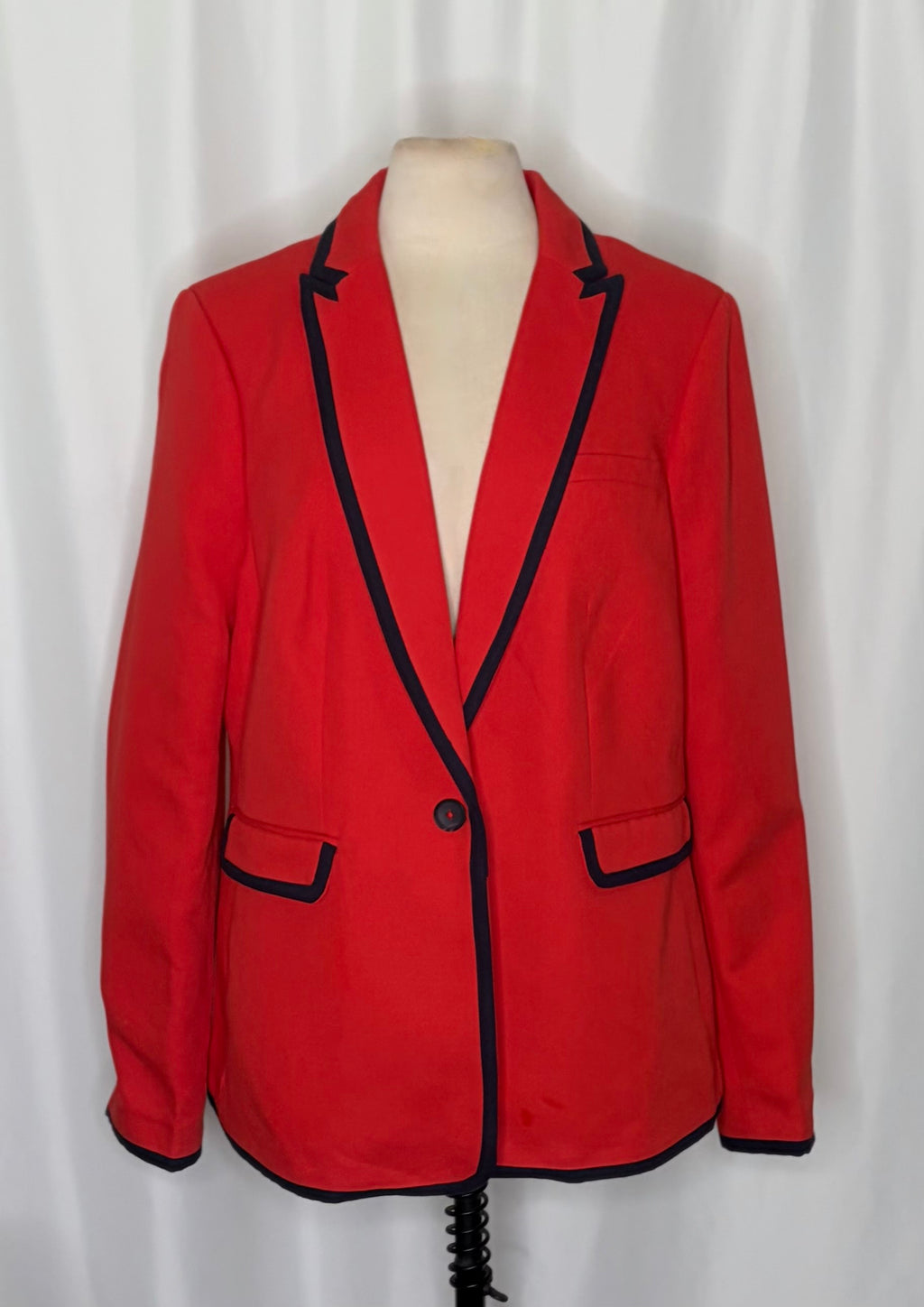 BODEN Picardy Blazer Red Tailored Jacket Polka Dot Lined Navy Blue White US 14