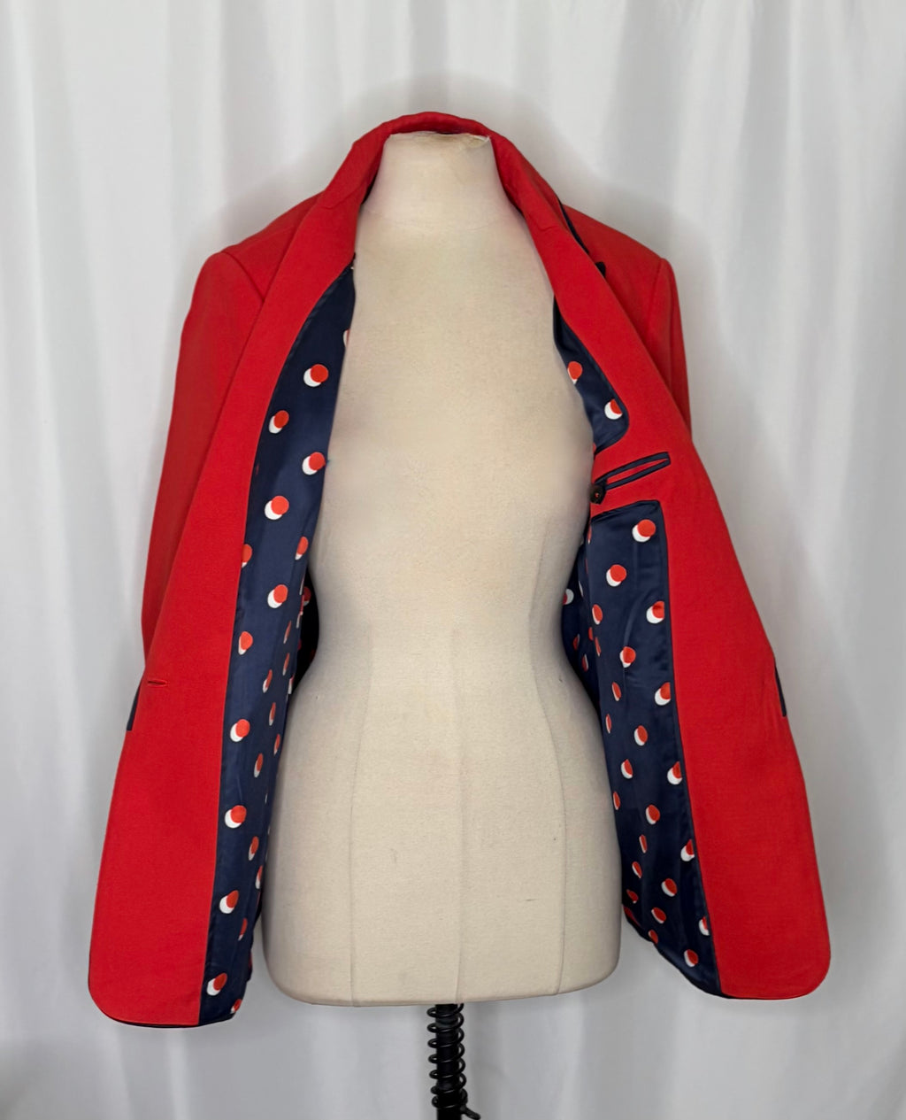 BODEN Picardy Blazer Red Tailored Jacket Polka Dot Lined Navy Blue White US 14