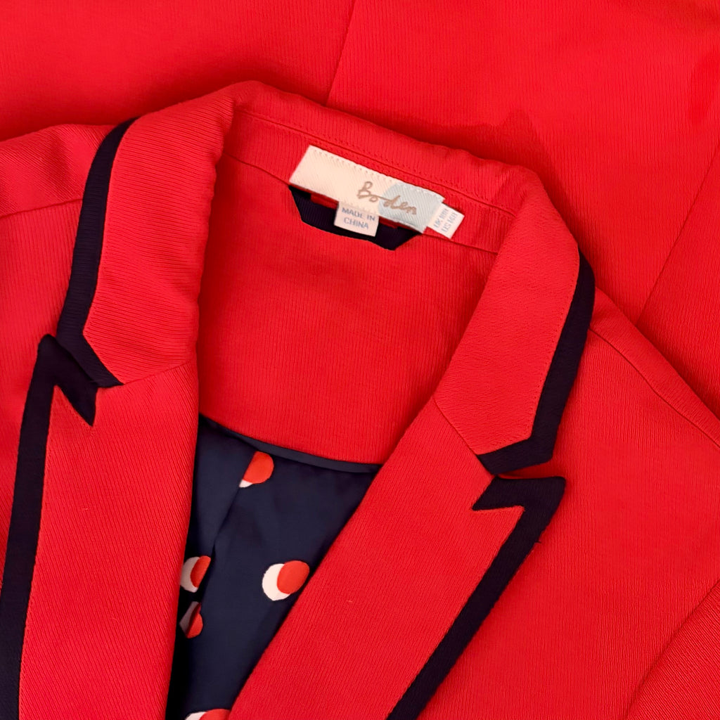 BODEN Picardy Blazer Red Tailored Jacket Polka Dot Lined Navy Blue White US 14