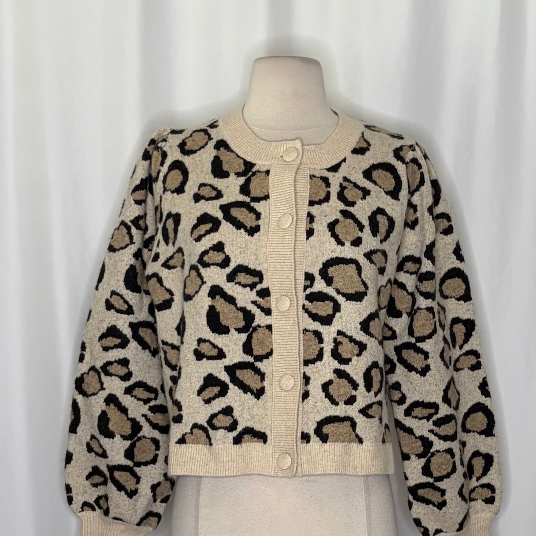 SUMMUM Leopard Print Cropped Wool Blend Cardigan Sweater Animal Knitwear Medium