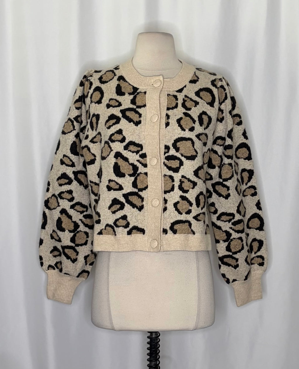 SUMMUM Leopard Print Cropped Wool Blend Cardigan Sweater Animal Knitwear Medium