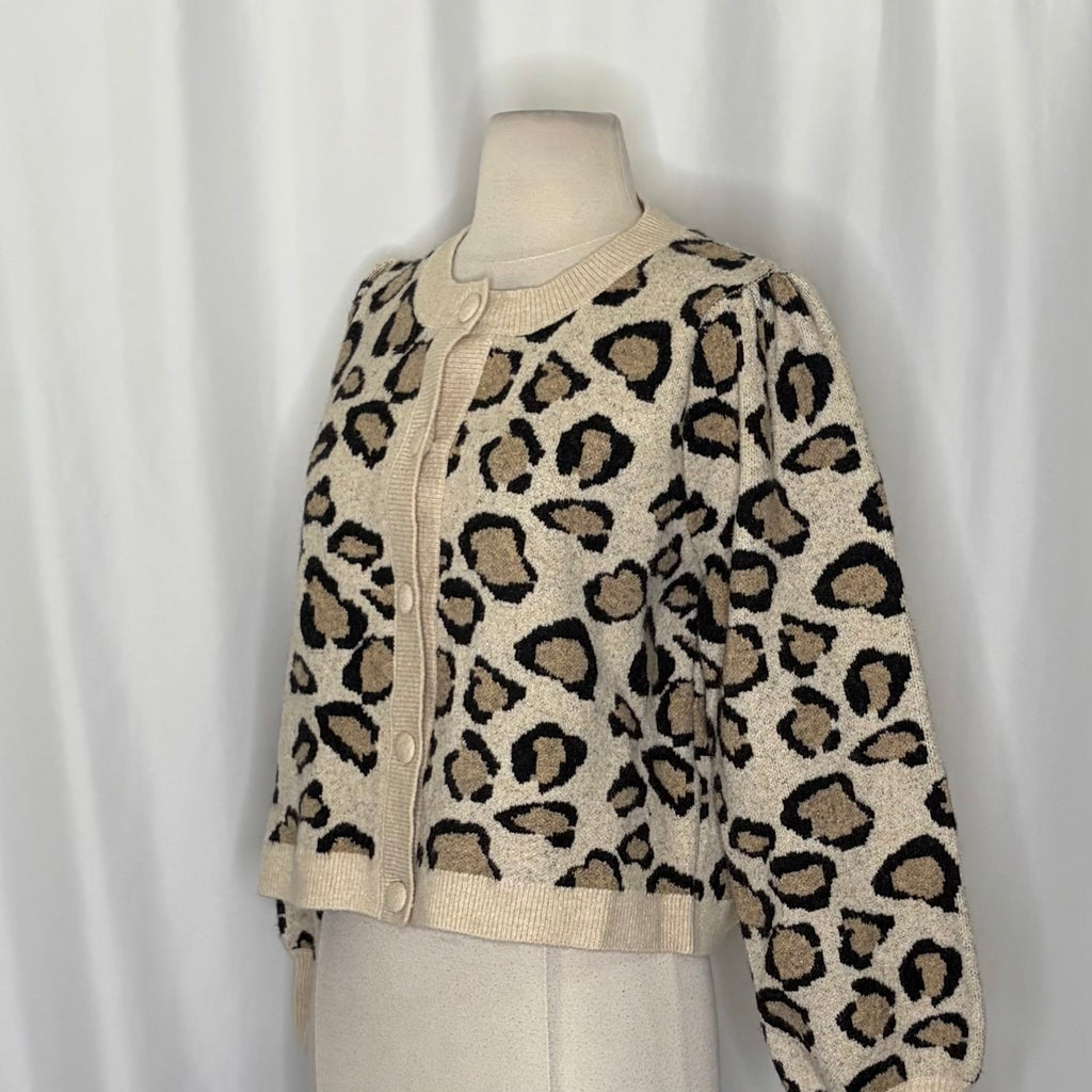 SUMMUM Leopard Print Cropped Wool Blend Cardigan Sweater Animal Knitwear Medium