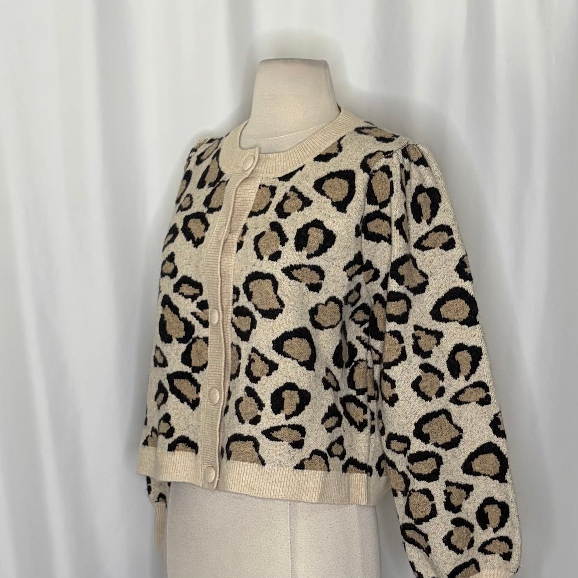 SUMMUM Leopard Print Cropped Wool Blend Cardigan Sweater Animal Knitwear Medium