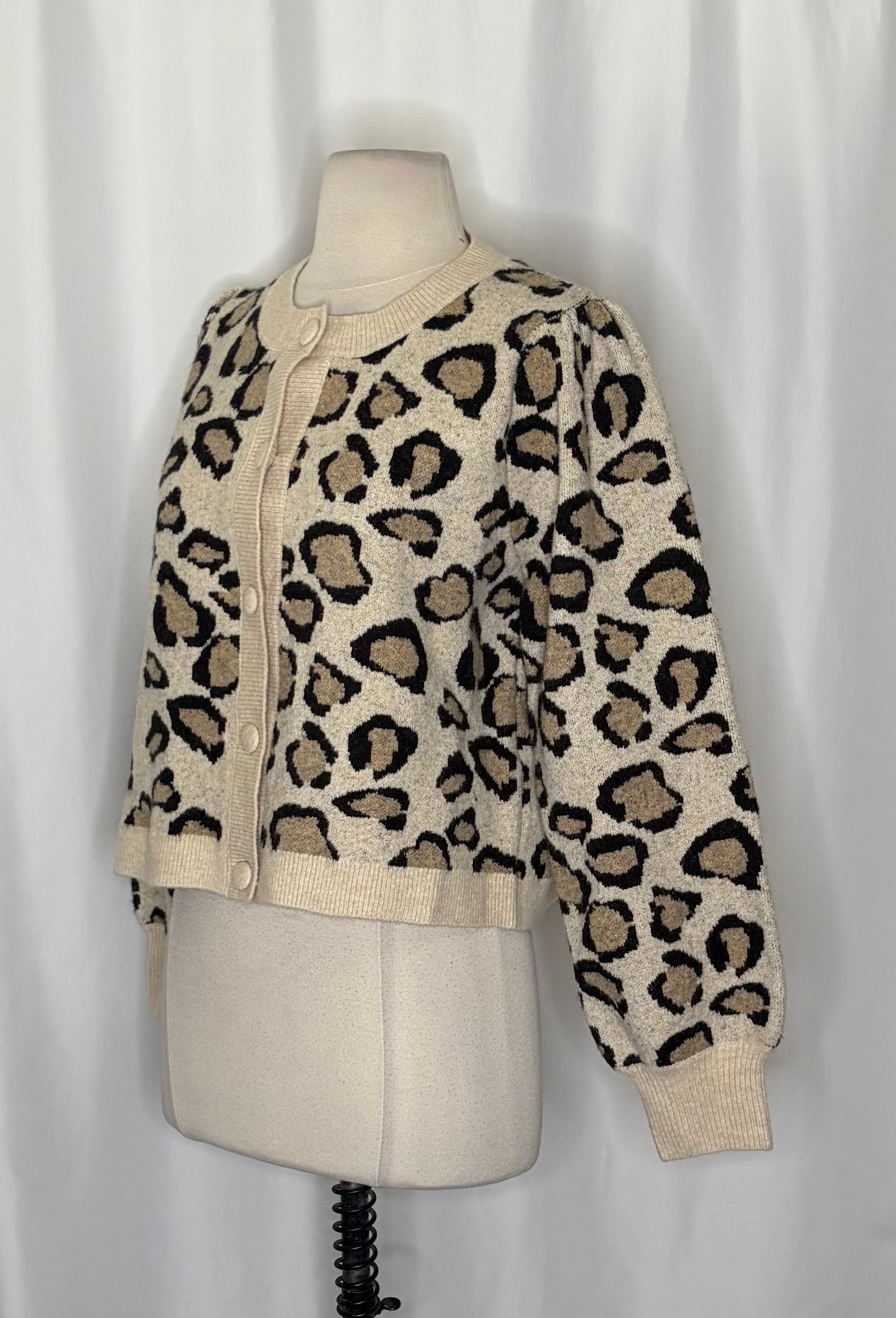 SUMMUM Leopard Print Cropped Wool Blend Cardigan Sweater Animal Knitwear Medium