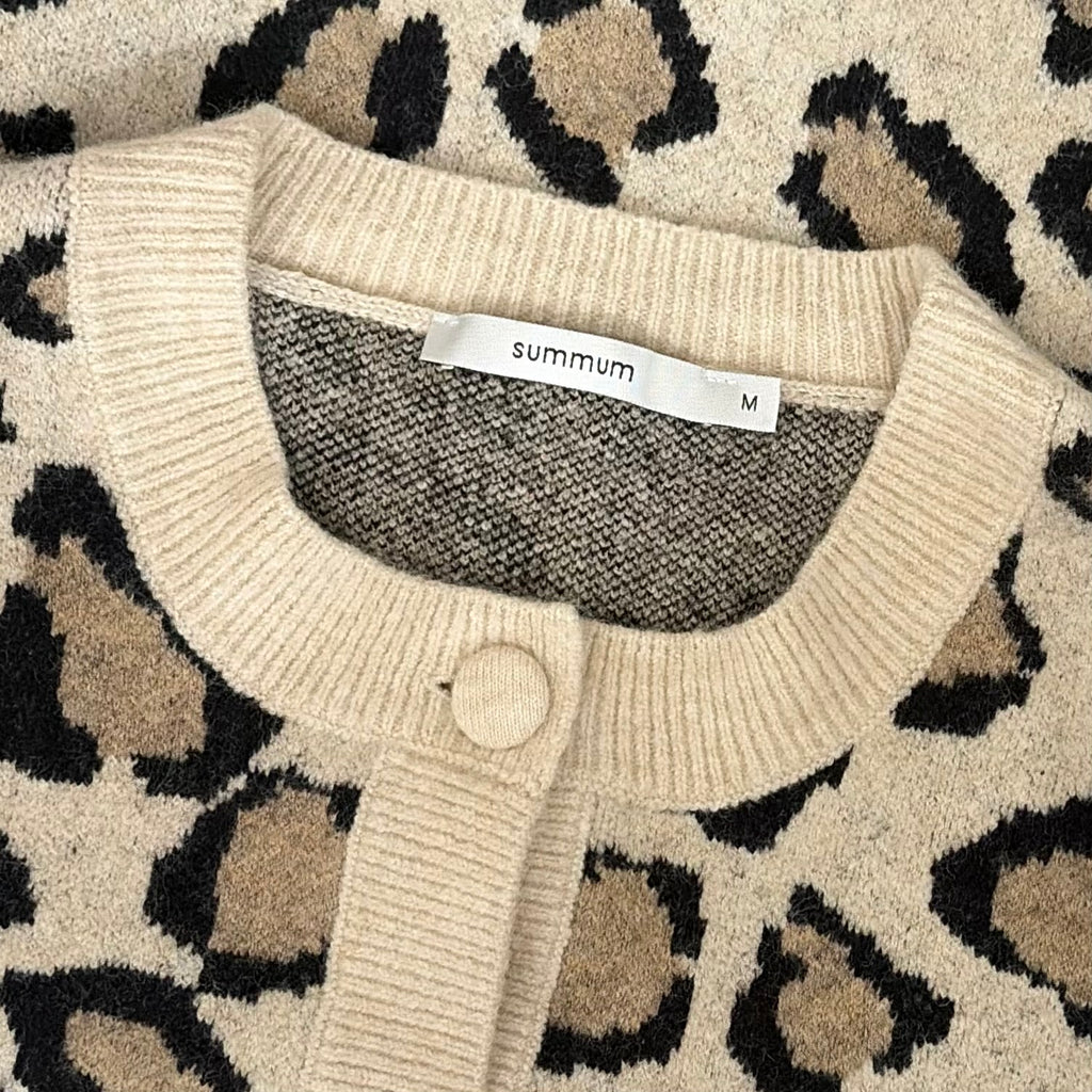 SUMMUM Leopard Print Cropped Wool Blend Cardigan Sweater Animal Knitwear Medium