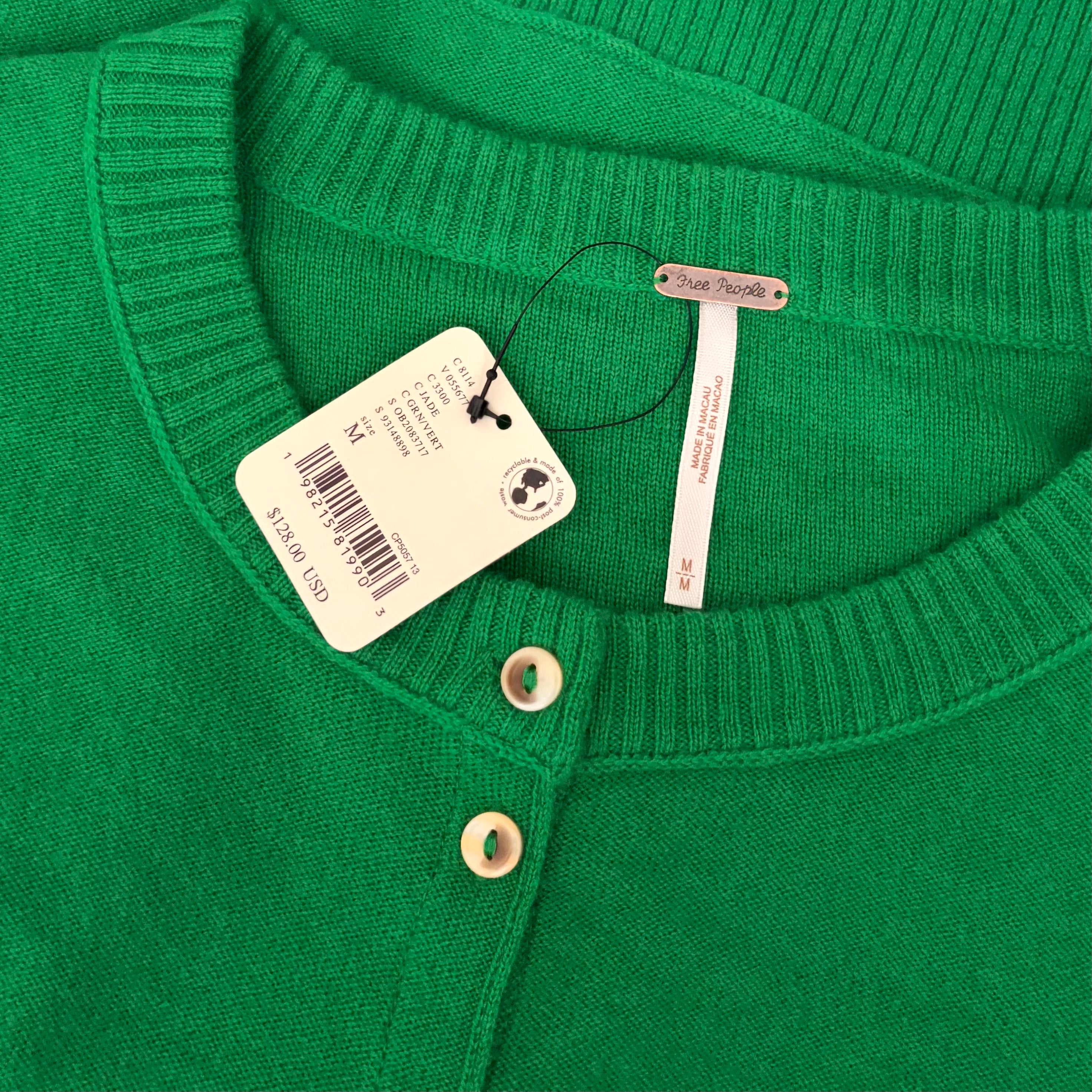 NWT FREE PEOPLE Nocturnal Wool Cashmere Cardigan Jade Green Solid Sweater Medium