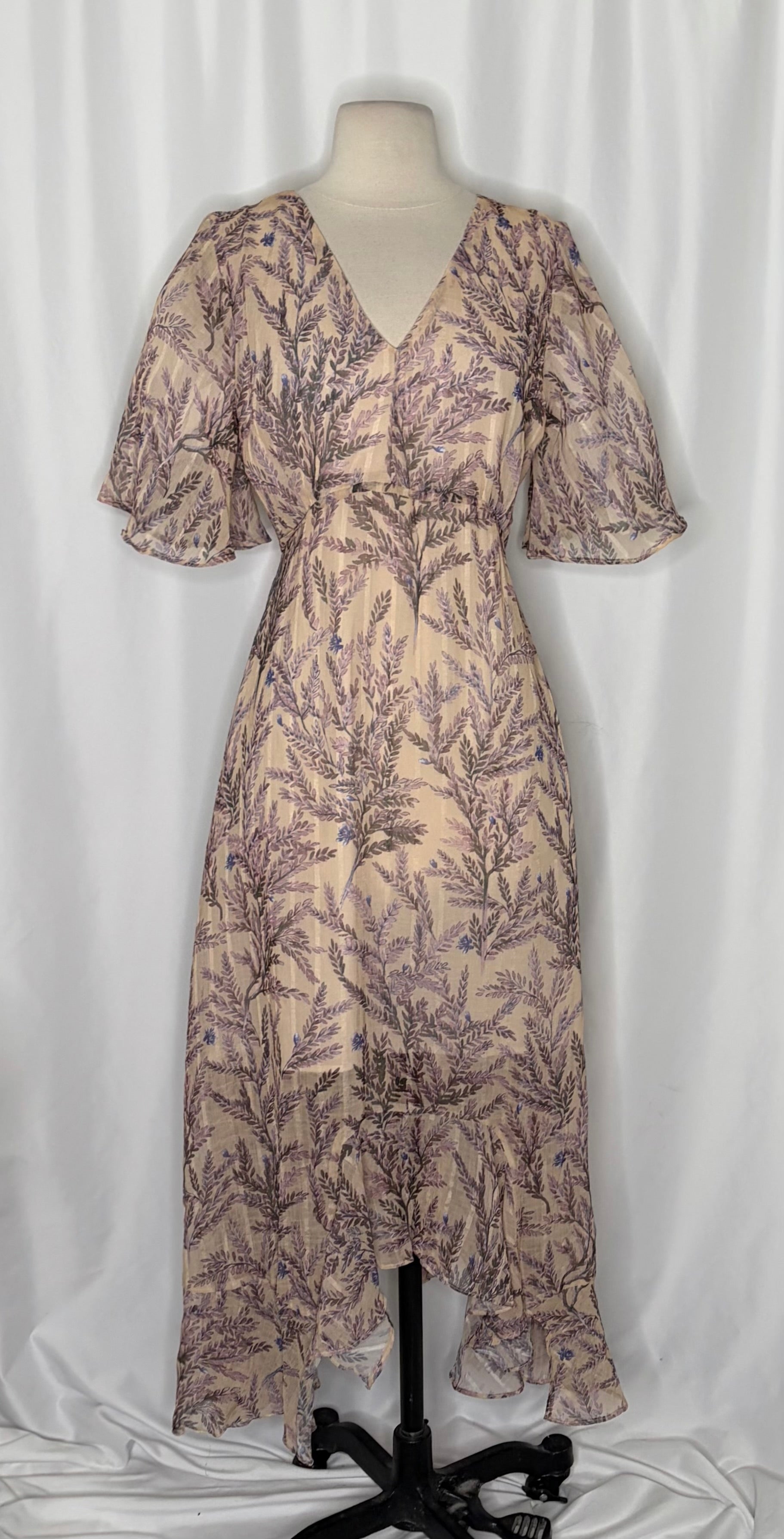 SUNDANCE Lilac Springs Floral Asymmetrical Ruffle Midi Dress Romantic Medium